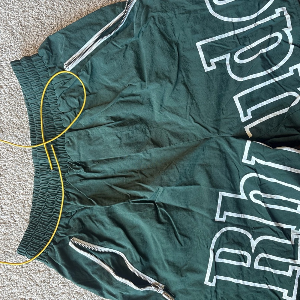 Rhude Dark Green Kids Shorts with Zipper Accents